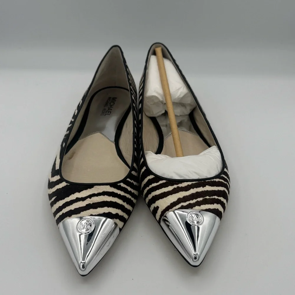Michael Kors Paxton Leather Calf Hair Zebra Flats with Silver Tone Accents NIB - Picture 3 of 11